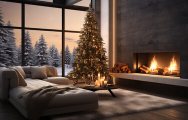 Modern interior with decorated Christmas tree and fireplace