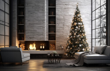 Modern interior with decorated Christmas tree and fireplace