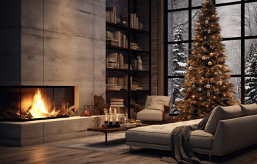 Modern interior with decorated Christmas tree and fireplace