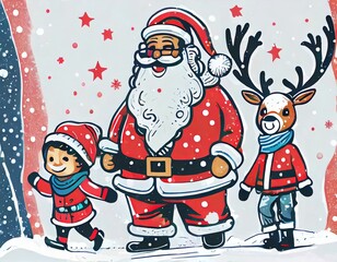christmas and snow with santa claus and children and deer