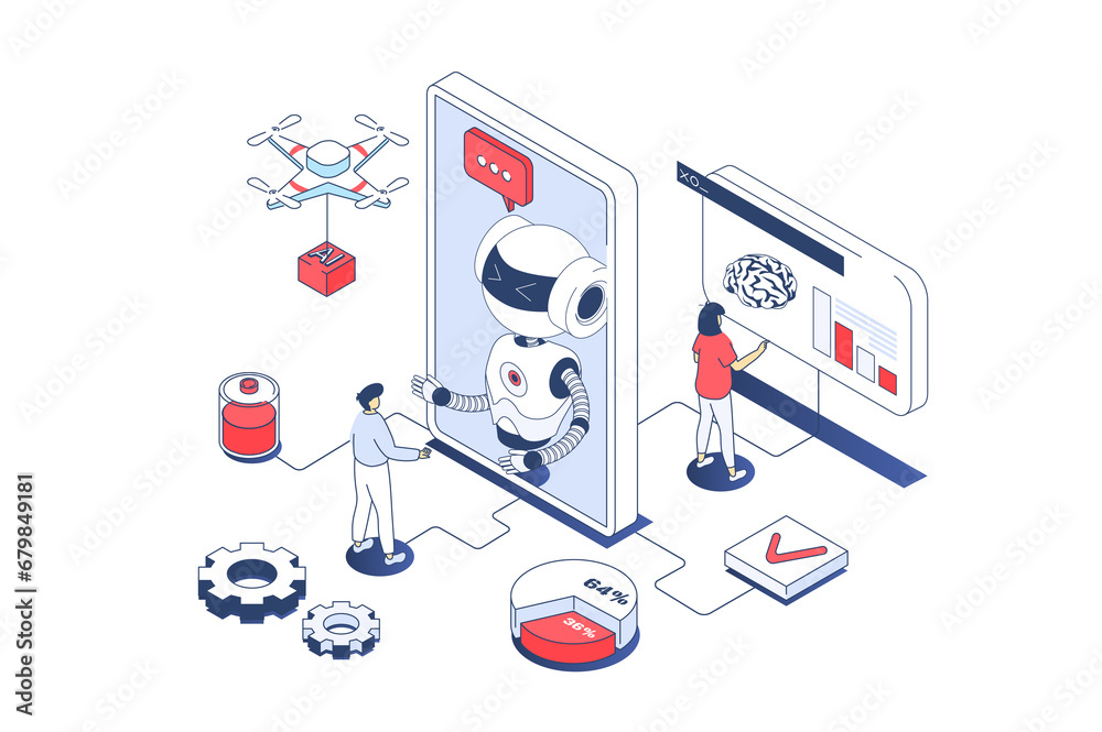 Poster Artificial intelligence concept in 3d isometric design. Engineers working with ai robots, machine learning and programming digital brain. Illustration with isometry people scene for web graphic.