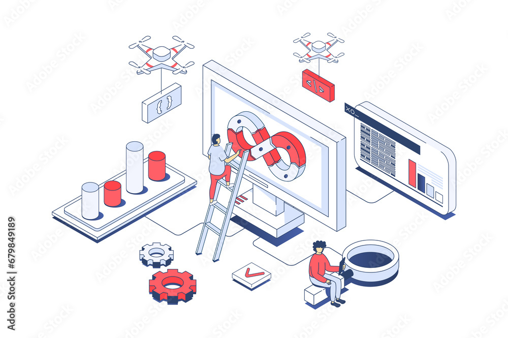 Aufkleber DevOps concept in 3d isometric design. Developer team working in agile processes and programming automations for creating products. Illustration with isometry people scene for web graphic.