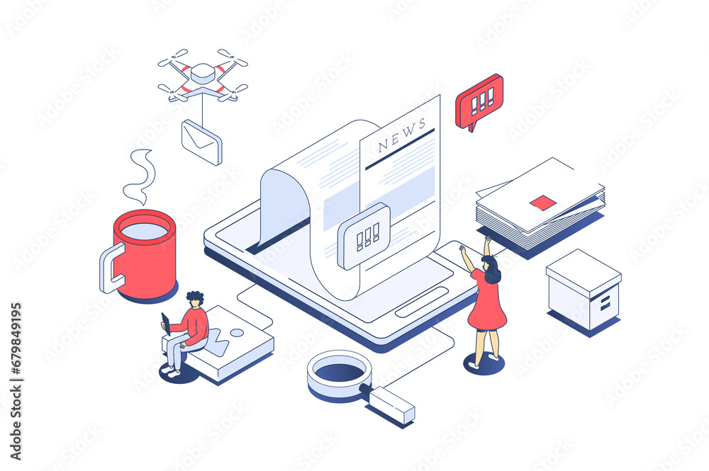 Leinwandbilder Mobile news concept in 3d isometric design. Man and woman reading breaking news and articles at online press using mobile applications. Illustration with isometry people scene for web graphic.