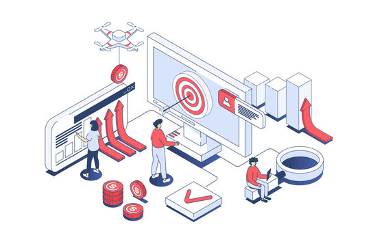Business strategy concept in 3d isometric design. Employees analyzing data graphs, achieving goals, targeting and developing company. Illustration with isometry people scene for web graphic.