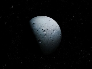 Stone moon in space isolated. Planet with craters from asteroids. Large planetary satellite.