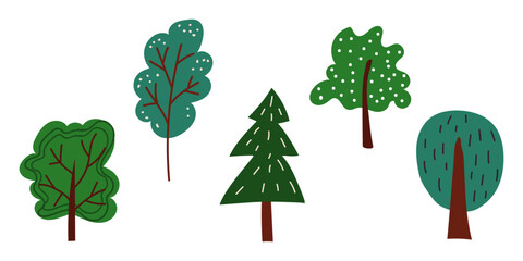Set of trees in doodle style. Hand drawn cute trees. White isolated background. 