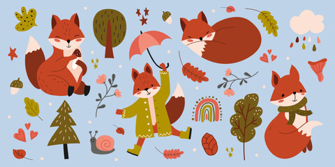 Cute doodle style vector set. Cute foxes, trees, rainbows, leaves, snail. Hand drawn collection of elements for scrapbooking. Children's illustration in cartoon style. Banner, poster, poster © Hanna Bykova