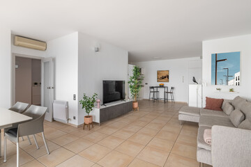 TV set on stand and soft sofa in luxury studio apartment