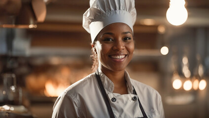 Smiling black woman chef in her restaurant, women owned business concept
