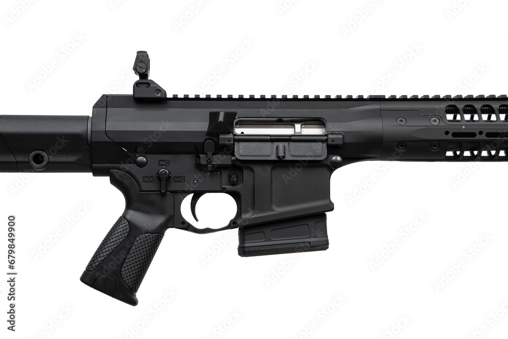 Sticker Modern automatic rifle isolated on white. Weapons for police, special forces and the army. Automatic carbine with mechanical sights.