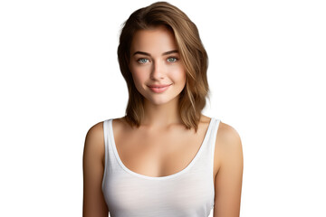 portrait of beautiful natural young woman with healthy skin in white shirt, perfect for facial care skincare and rejuvenation concepts
