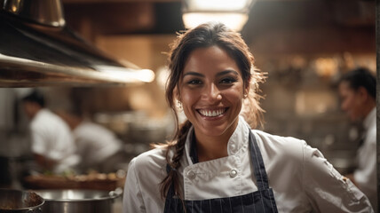 Smiling latin female chef in her restaurant, women owned business concept
 - obrazy, fototapety, plakaty