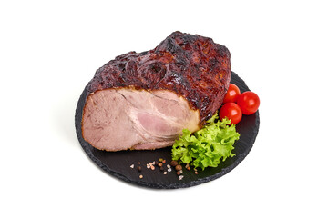 Baked pork roast, spicy glazed meat, isolated on white background. High resolution image.