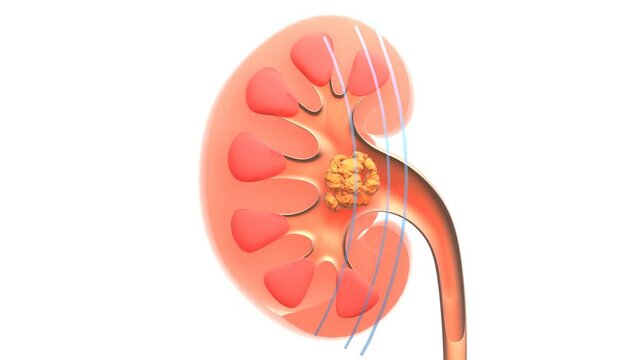 3D animation of kidney interior isolated with stone. On a white background the action of disintegrating the stone with a wave treatment into smaller stones and being evacuated through the urethra.