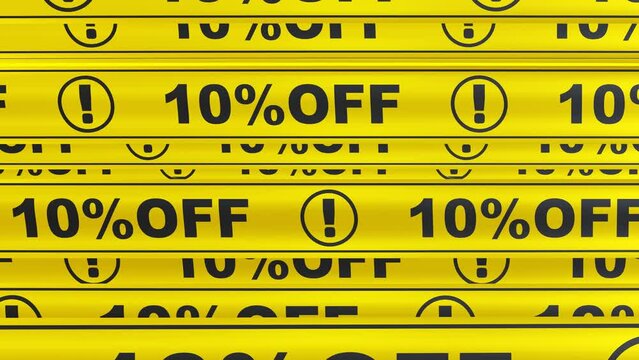 Ten percent discount. Yellow warning tapes in motion. Yellow warning tapes with black text "10%OFF!". 4K seamless looping videos