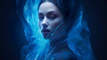 fantasy magician woman in glowing blue light, in style of cyan glow