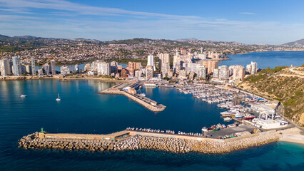 Aerial drone photo of the marina in the coastal town named Calpe, Costa blanca Spain