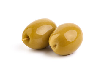 Green olives, isolated on a white background.