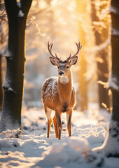 wild sika deer in the forest, trees, fawn, roe, antlers, winter, snow, new year, christmas, postcard, nature, cute, animal, eve, fairy tale