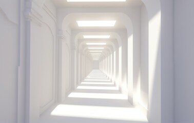 a long white hallway with bright light