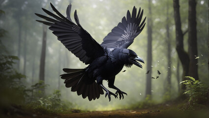 Fototapeta premium black crow flying in dark mysterious forest, Wildlife Animals.