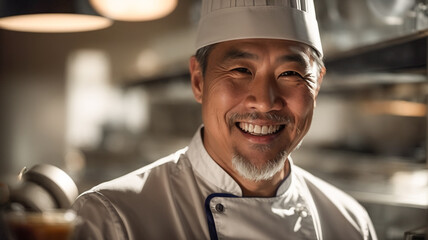 Portrait of smiling Asian adult chef looking at camera standing in kitchen of luxury restaurant,space for text