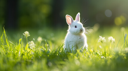 Cute white rabbit near tree stump, AI Generative.