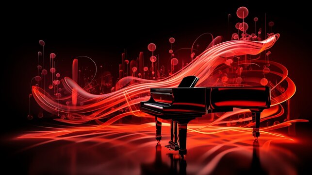 a piano with red lights and lines