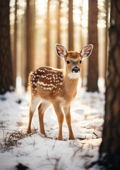 Obraz premium wild sika deer in the forest, trees, fawn, roe, antlers, winter, snow, new year, christmas, postcard, nature, cute, animal, eve, fairy tale