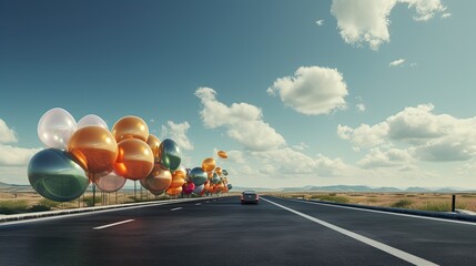a number of balloons sitting on top of a highway, in the style of futuristic organic