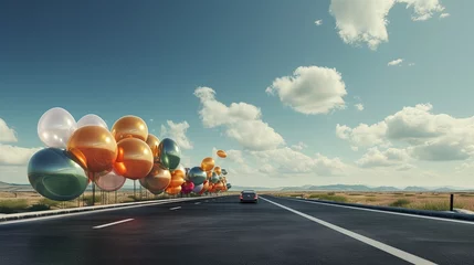 Papier Peint photo Lavable Ballon a number of balloons sitting on top of a highway, in the style of futuristic organic