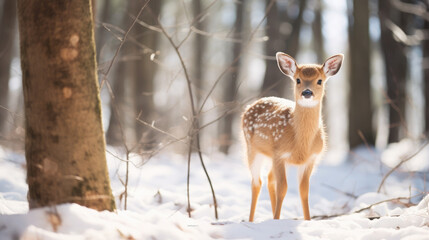 Obraz premium wild sika deer in the forest, trees, fawn, roe, antlers, winter, snow, new year, christmas, postcard, nature, cute, animal, eve, fairy tale
