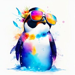 A close-up portrait of a fashionable-looking multicolored colorful fantasy cute stylish penguin wearing sunglasses. Generative AI illustration. Printable design for t-shirts, mugs, cases, etc - obrazy, fototapety, plakaty