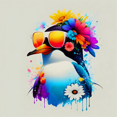A close-up portrait of a fashionable-looking multicolored colorful fantasy cute stylish penguin wearing sunglasses. Generative AI illustration. Printable design for t-shirts, mugs, cases, etc