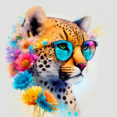 A close-up portrait of a fashionable-looking multicolored colorful fantasy cute stylish Cheetah wearing sunglasses. Generative AI illustration. Printable design for t-shirts, mugs, cases, etc