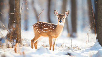 wild sika deer in the forest, trees, fawn, roe, antlers, winter, snow, new year, christmas, postcard, nature, cute, animal, eve, fairy tale