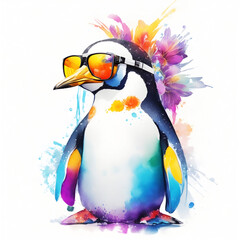 A close-up portrait of a fashionable-looking multicolored colorful fantasy cute stylish penguin wearing sunglasses. Generative AI illustration. Printable design for t-shirts, mugs, cases, etc