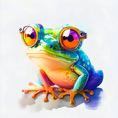 A close-up portrait of a fashionable-looking multicolored colorful fantasy cute stylish frog wearing sunglasses. Generative AI illustration. Printable design for t-shirts, mugs, cases, etc.