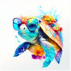 A close-up portrait of a fashionable-looking multicolored colorful fantasy cute stylish turtle wearing sunglasses. Generative AI illustration. Printable design for t-shirts, mugs, cases, etc.