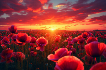 sunrise over the field of poppy flower