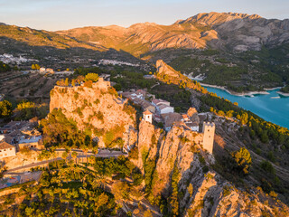 Aerial drone photo of the mountain village named Guadalest in the province of Alicante, Spain