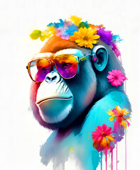 A close-up portrait of a fashionable-looking multicolored colorful fantasy cute stylish gorilla wearing sunglasses. Generative AI illustration. Printable design for t-shirts, mugs, cases, etc.