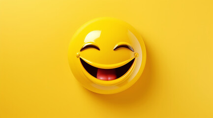 A smiling yellow smiley face on a yellow solid background in the center of the frame - obrazy, fototapety, plakaty
