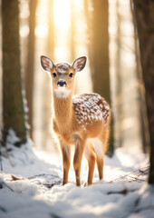 wild sika deer in the forest, trees, fawn, roe, antlers, winter, snow, new year, christmas, postcard, nature, cute, animal, eve, fairy tale