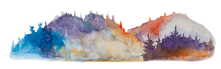 Watercolor hand painted blue mountains illustration isolated on a white background. Beautiful landscape.