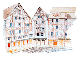 Beautiful street painting. City architecture  illustration. Town building artwork. Travel concept design.