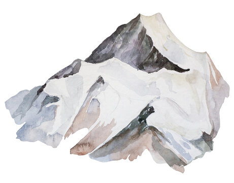 Watercolor hand painted blue mountains illustration isolated on a white background. Beautiful landscape.