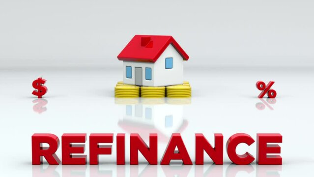 House mortgage refinance 3d Animation financial concept with home, money coin stack, dollar and percentage sign  
