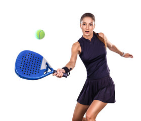 Padel tennis player with racket on tournament isolated on white background. Girl athlete with...