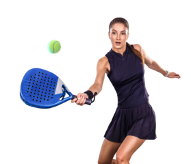 Padel tennis player with racket on tournament isolated on white background. Girl athlete with paddle racket on court with neon colors. Sport concept